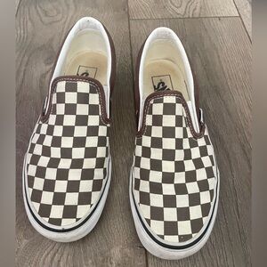 Vans Brown and White Checkered Slip-On Sneakers